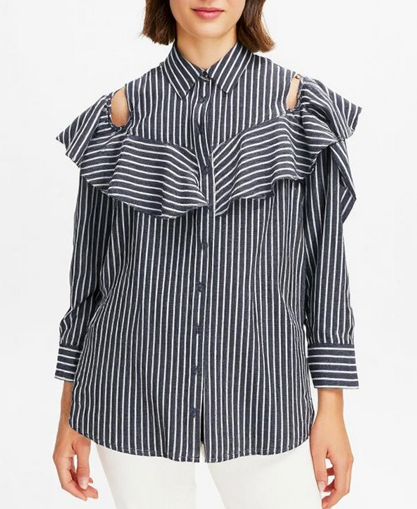 Navy Striped Cold Shoulder Shirt