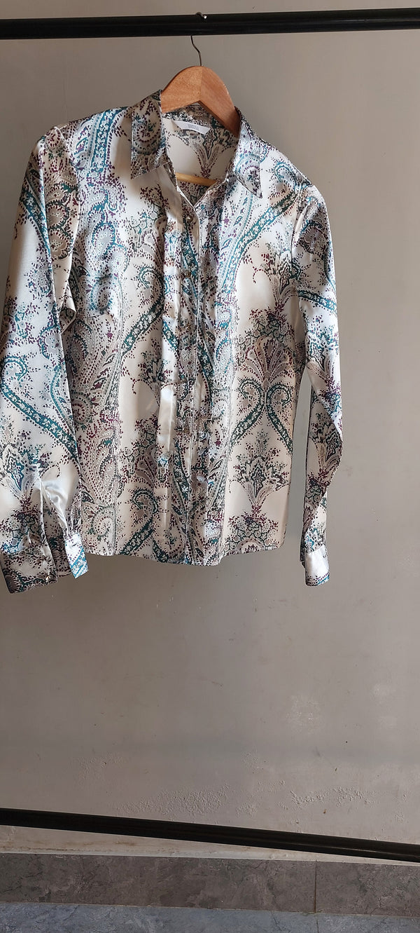 Gray Paisley Print Button Silk Shirt