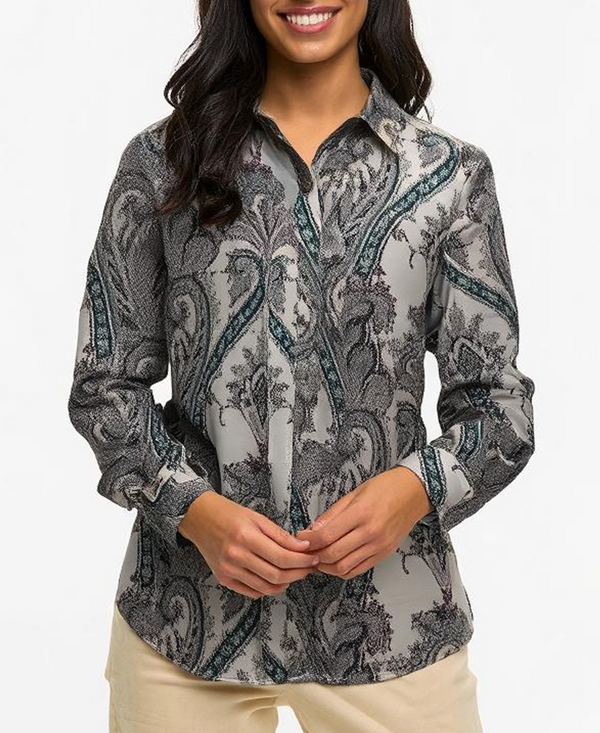 Gray Paisley Print Button Silk Shirt