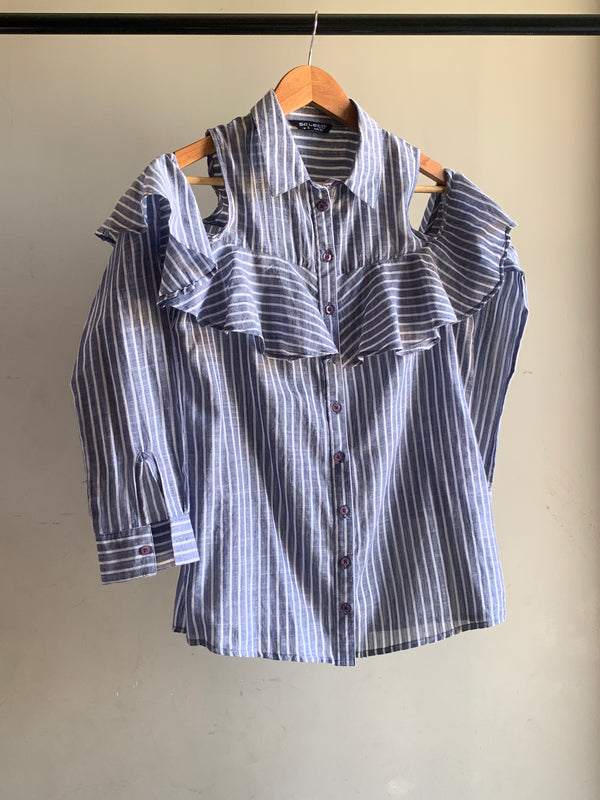 Navy Striped Cold Shoulder Shirt